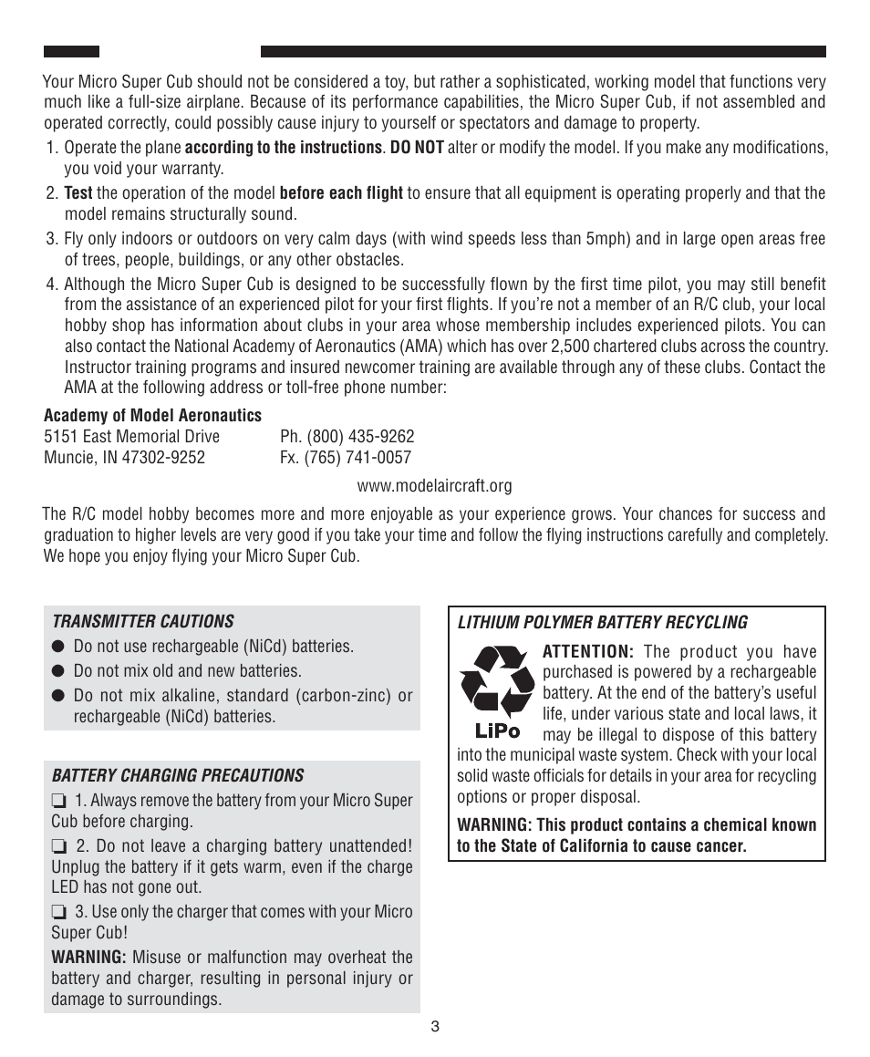 Precautions | Flyzone FLZA2020 User Manual | Page 3 / 12