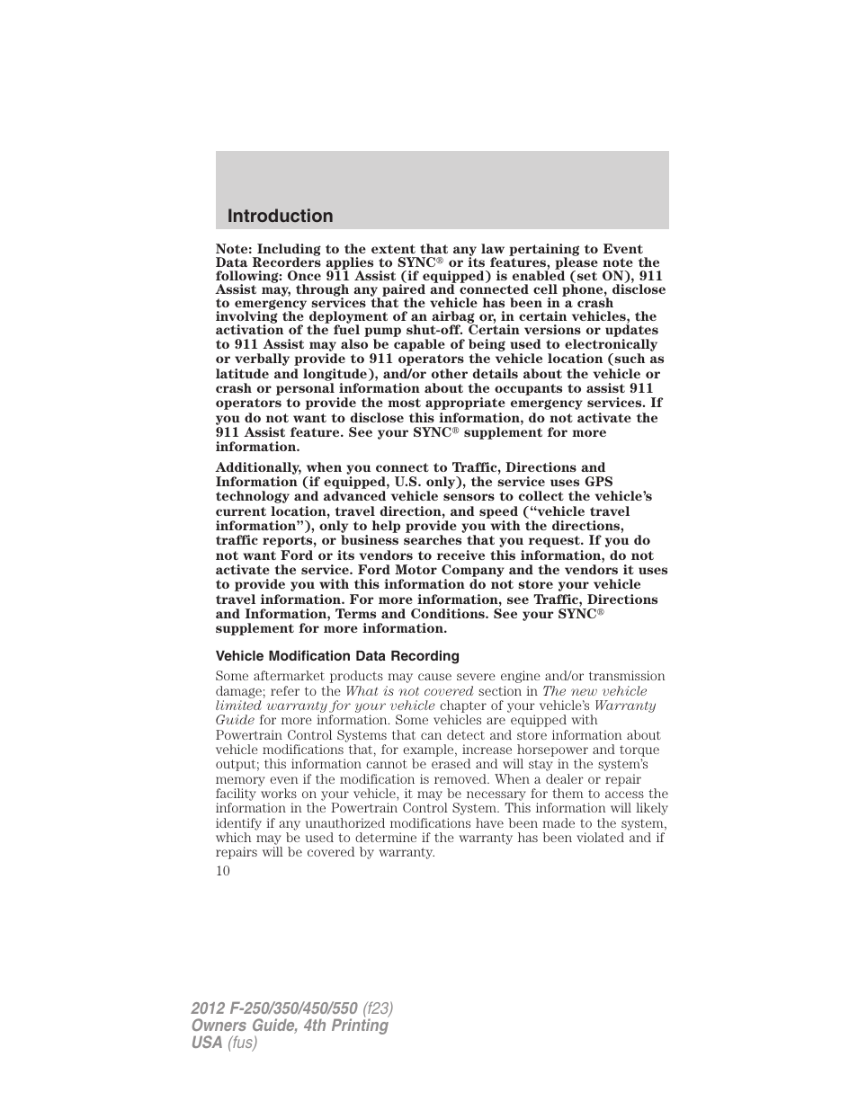 Vehicle modification data recording, Introduction | FORD 2012 F-250 User Manual | Page 10 / 448