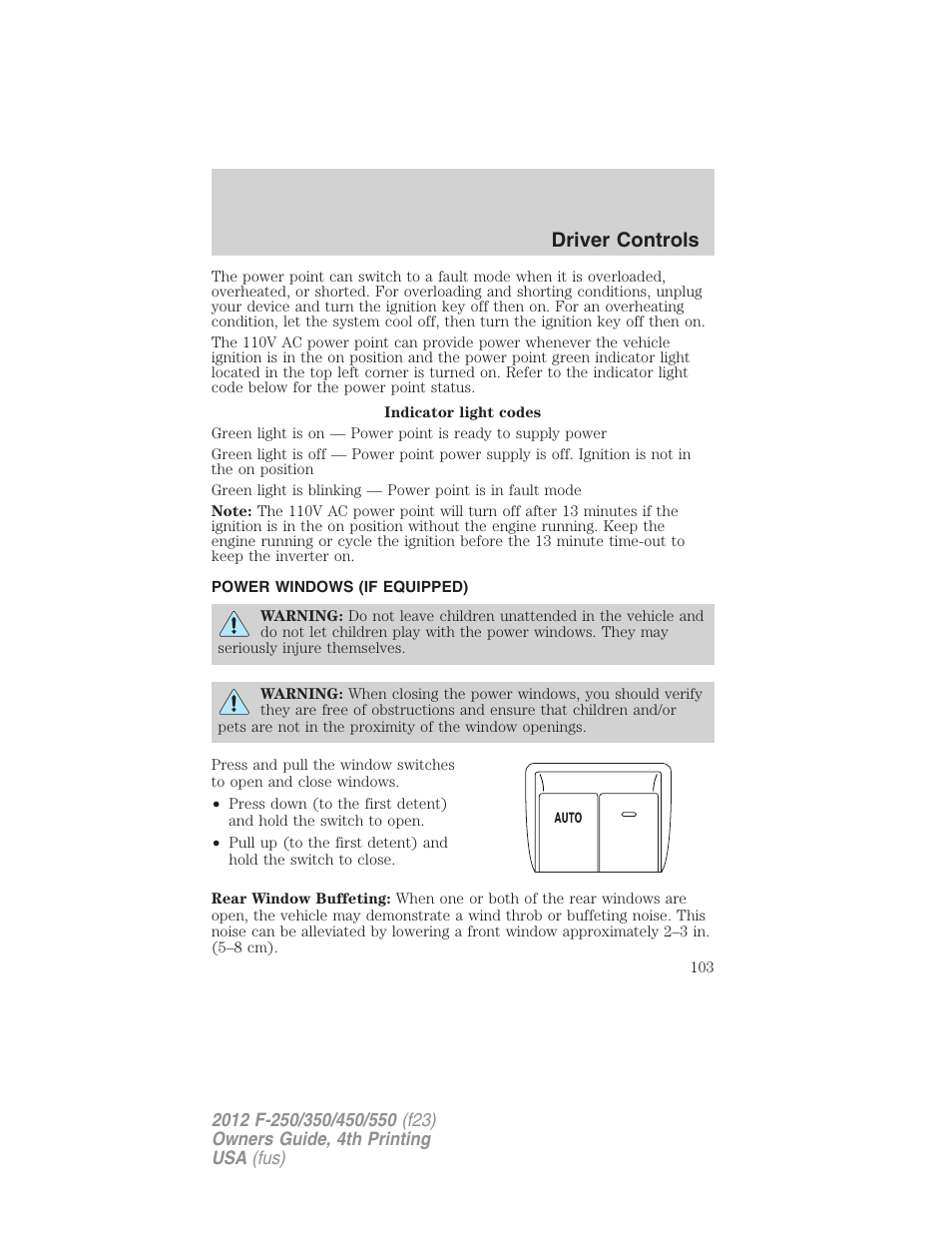 Power windows (if equipped), Power windows, Driver controls | FORD 2012 F-250 User Manual | Page 103 / 448