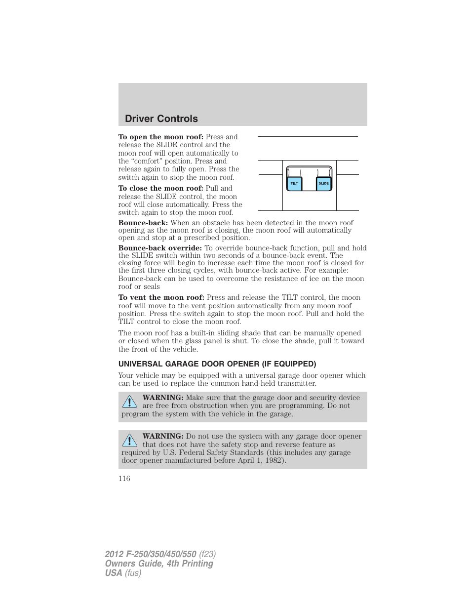 Universal garage door opener (if equipped), Driver controls | FORD 2012 F-250 User Manual | Page 116 / 448