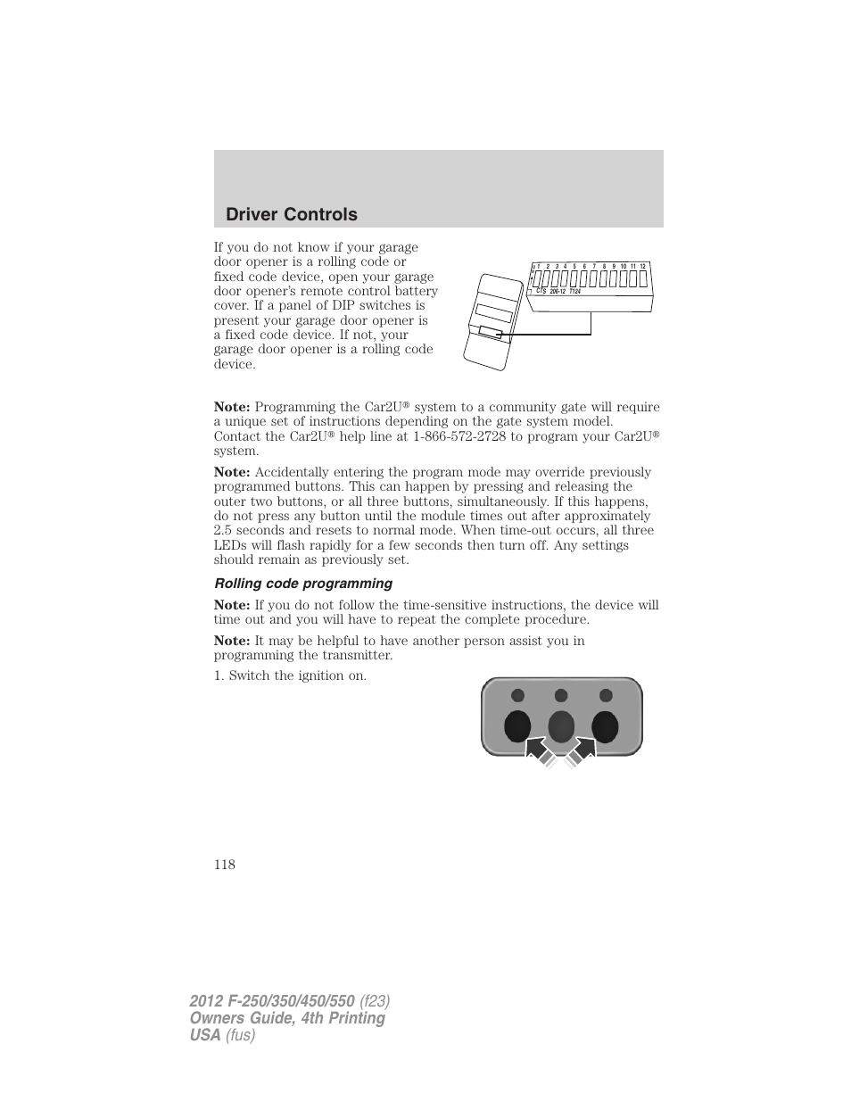 Rolling code programming, Driver controls | FORD 2012 F-250 User Manual | Page 118 / 448