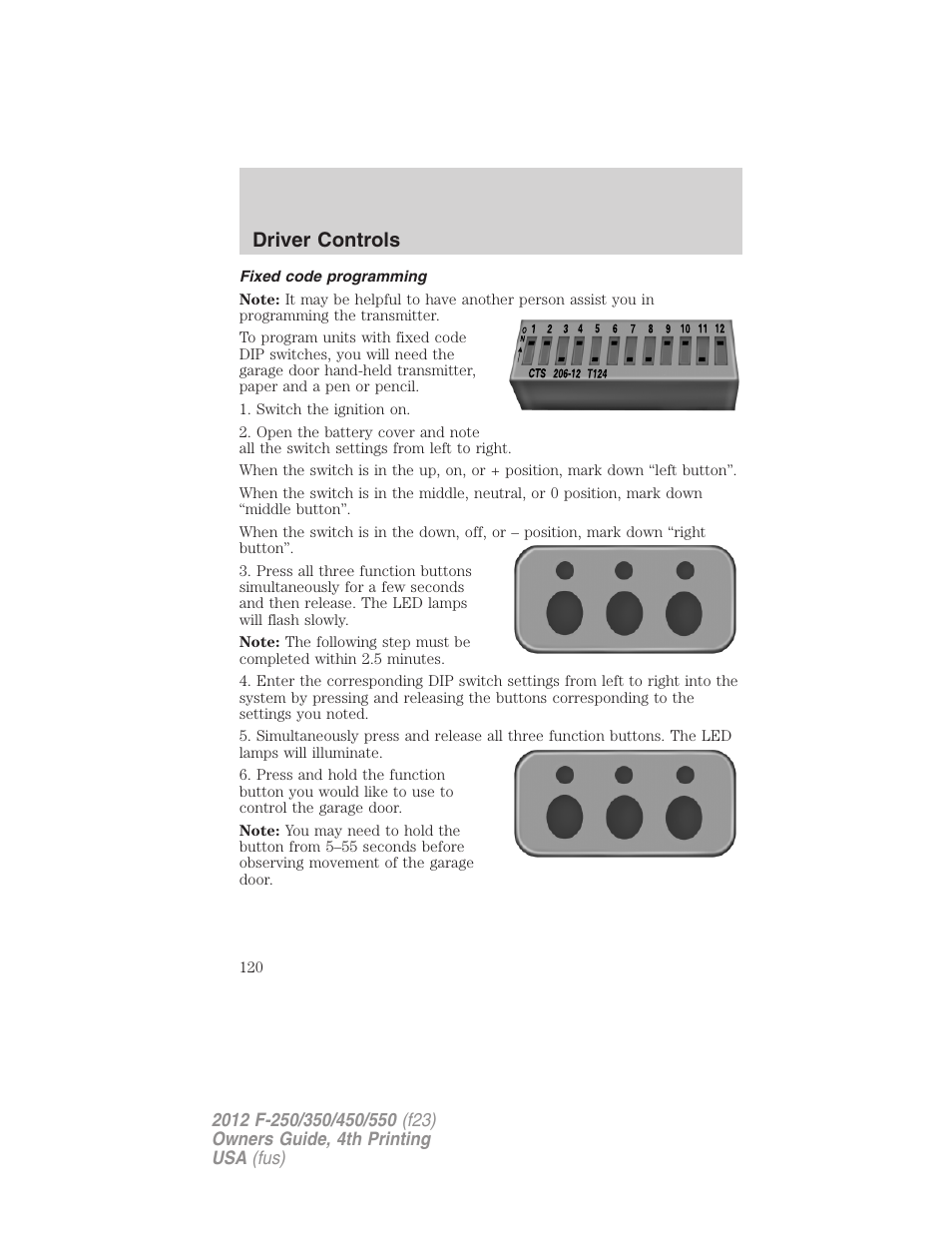 Fixed code programming, Driver controls | FORD 2012 F-250 User Manual | Page 120 / 448