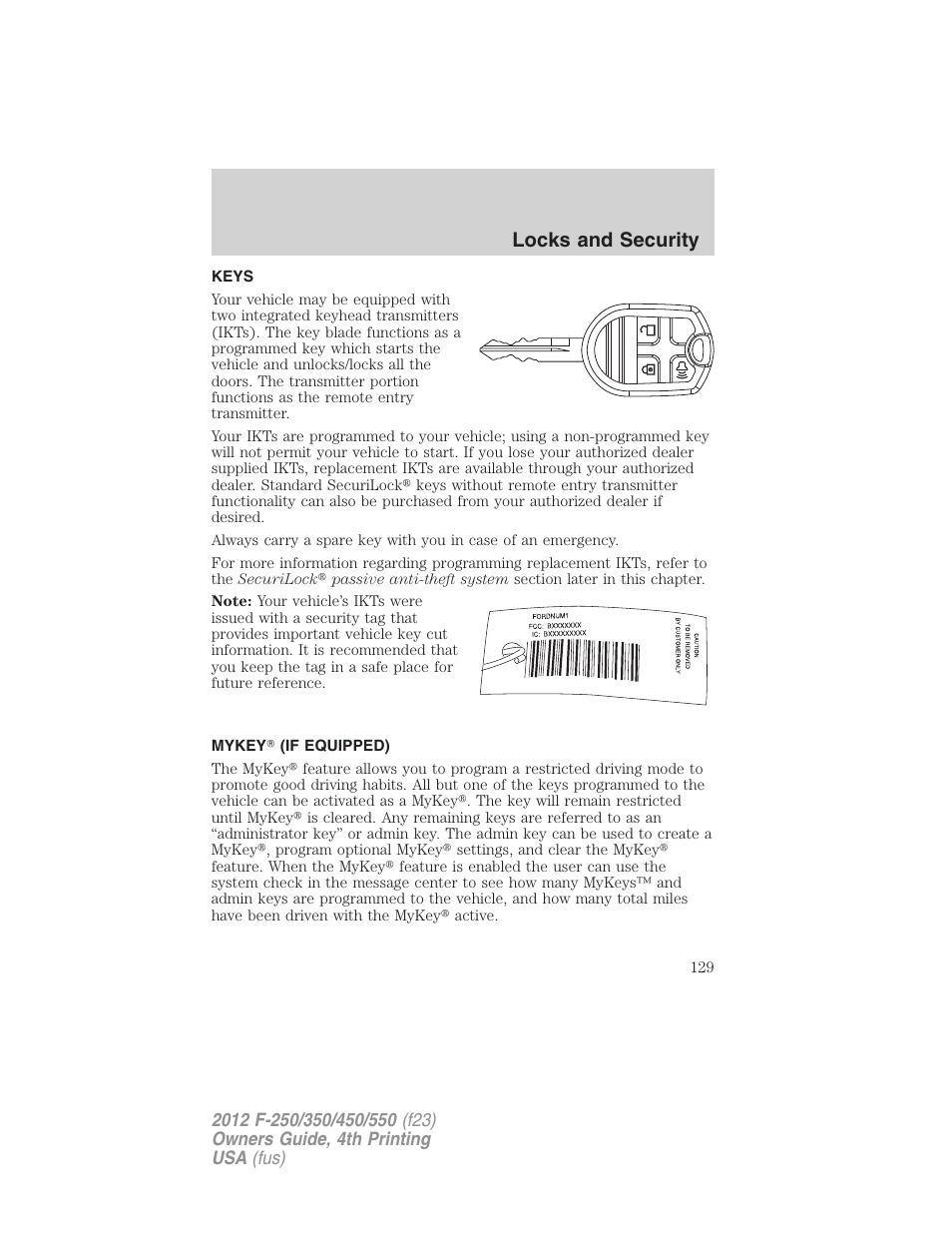 Locks and security, Keys, Mykey? (if equipped) | FORD 2012 F-250 User Manual | Page 129 / 448