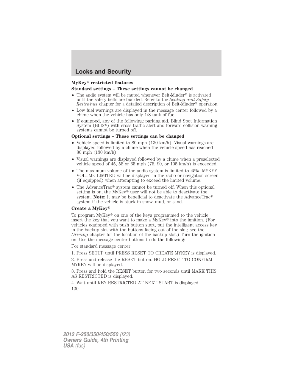 Locks and security | FORD 2012 F-250 User Manual | Page 130 / 448