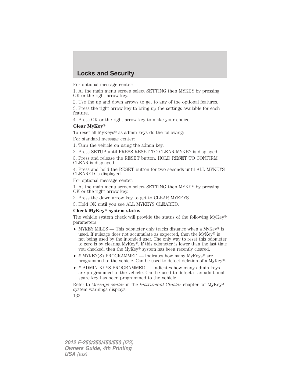 Locks and security | FORD 2012 F-250 User Manual | Page 132 / 448