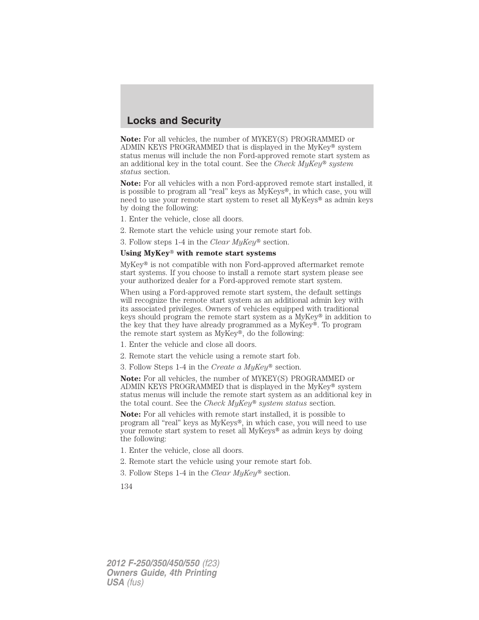 Locks and security | FORD 2012 F-250 User Manual | Page 134 / 448