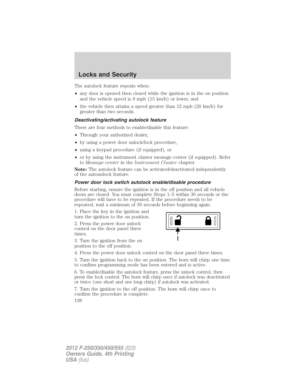 Deactivating/activating autolock feature, Locks and security | FORD 2012 F-250 User Manual | Page 138 / 448