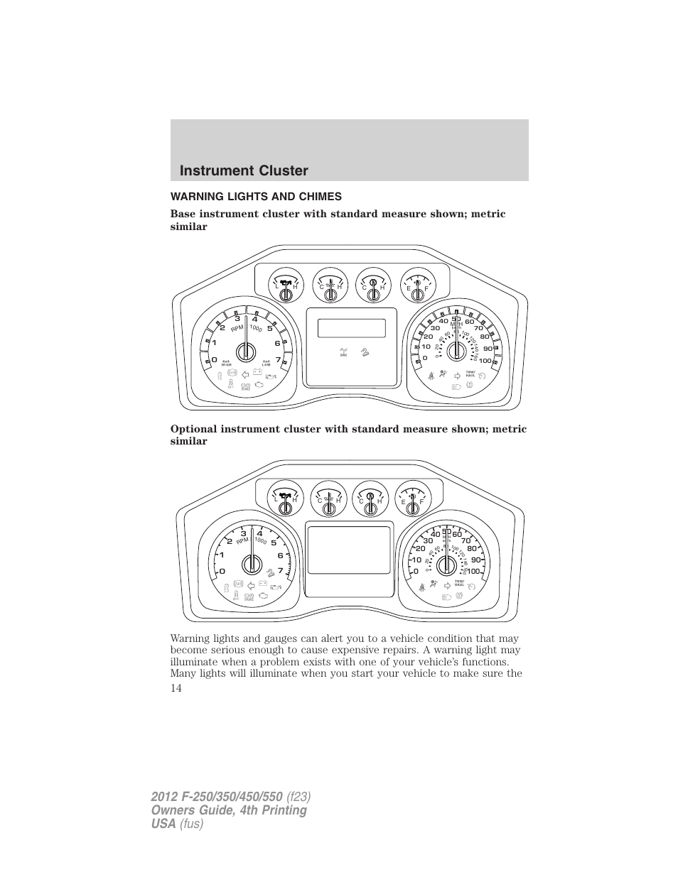 Instrument cluster, Warning lights and chimes | FORD 2012 F-250 User Manual | Page 14 / 448