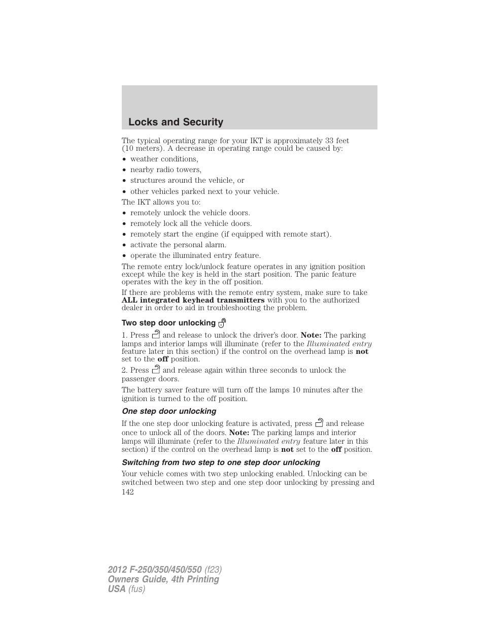 Two step door unlocking, One step door unlocking, Switching from two step to one step door unlocking | Locks and security | FORD 2012 F-250 User Manual | Page 142 / 448