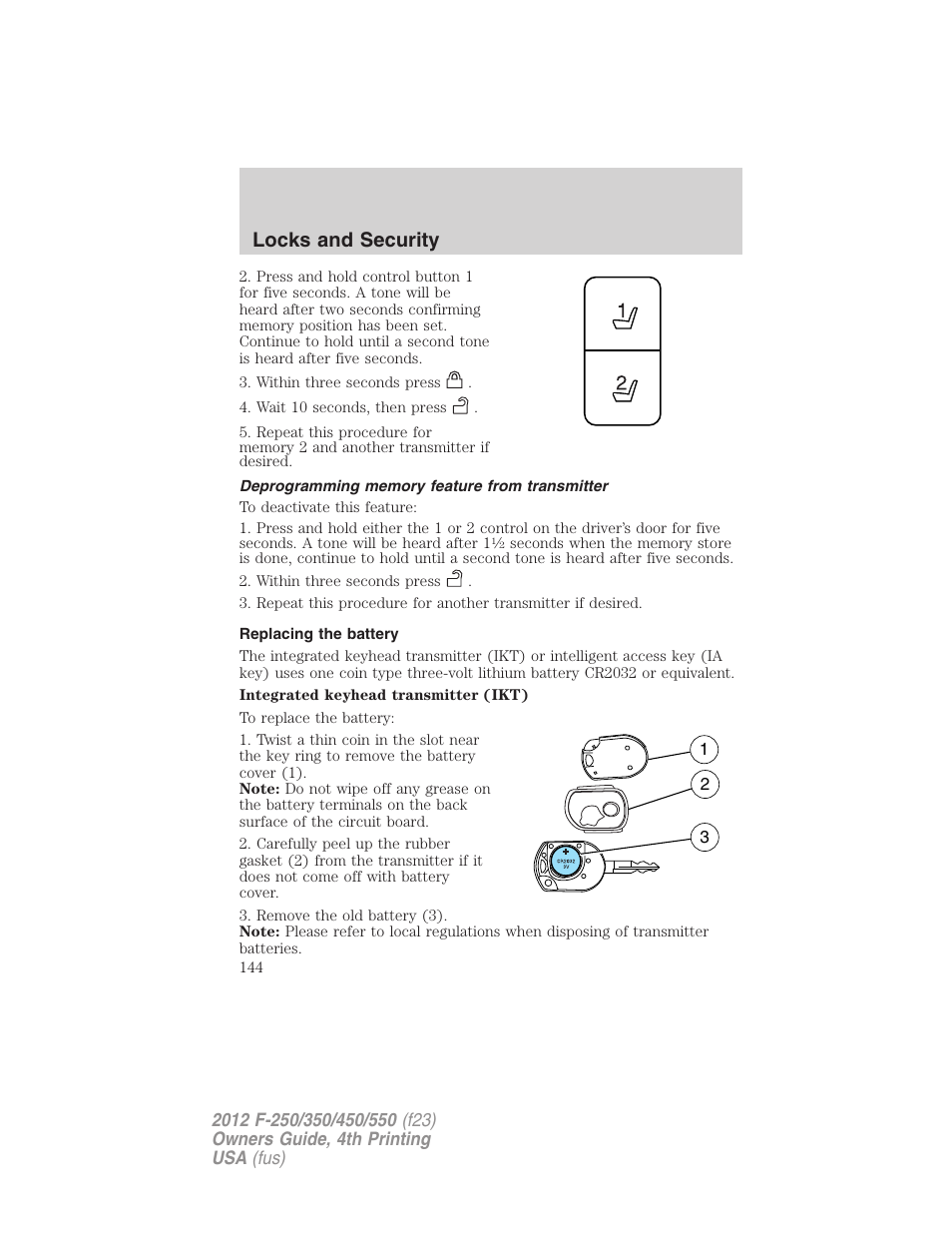 Deprogramming memory feature from transmitter, Replacing the battery, Locks and security | FORD 2012 F-250 User Manual | Page 144 / 448