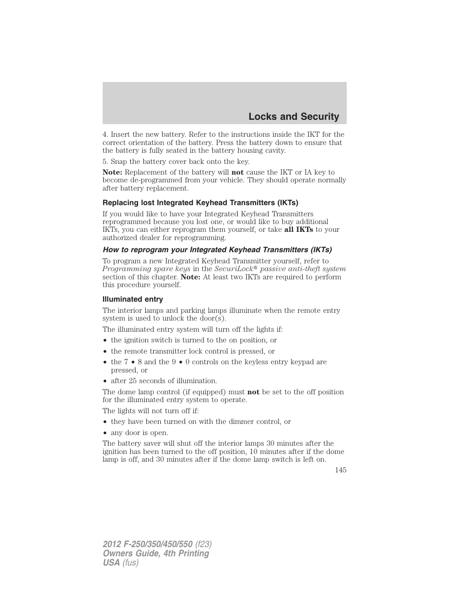 Illuminated entry, Locks and security | FORD 2012 F-250 User Manual | Page 145 / 448