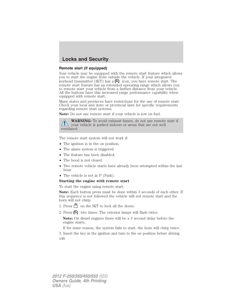 Remote start (if equipped), Locks and security | FORD 2012 F-250 User Manual | Page 146 / 448
