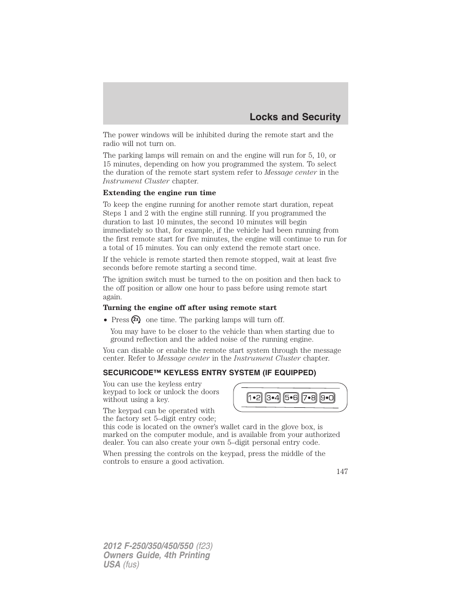 Securicode™ keyless entry system (if equipped), Locks and security | FORD 2012 F-250 User Manual | Page 147 / 448