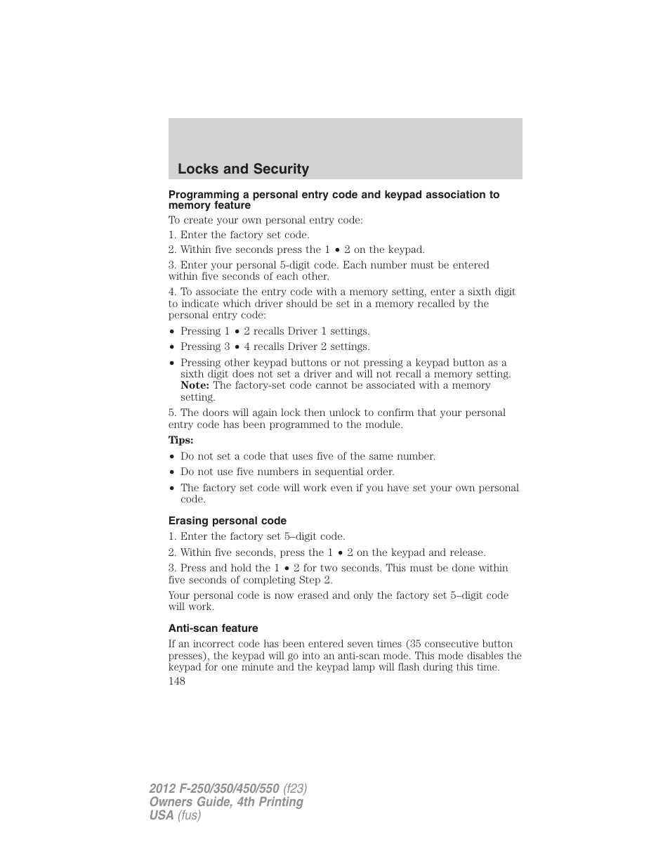 Erasing personal code, Anti-scan feature, Locks and security | FORD 2012 F-250 User Manual | Page 148 / 448