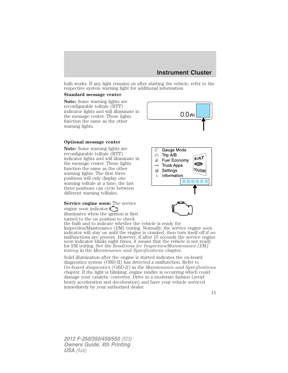 Instrument cluster | FORD 2012 F-250 User Manual | Page 15 / 448