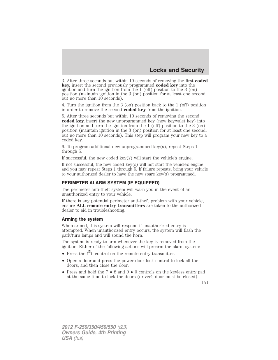 Perimeter alarm system (if equipped), Arming the system, Locks and security | FORD 2012 F-250 User Manual | Page 151 / 448