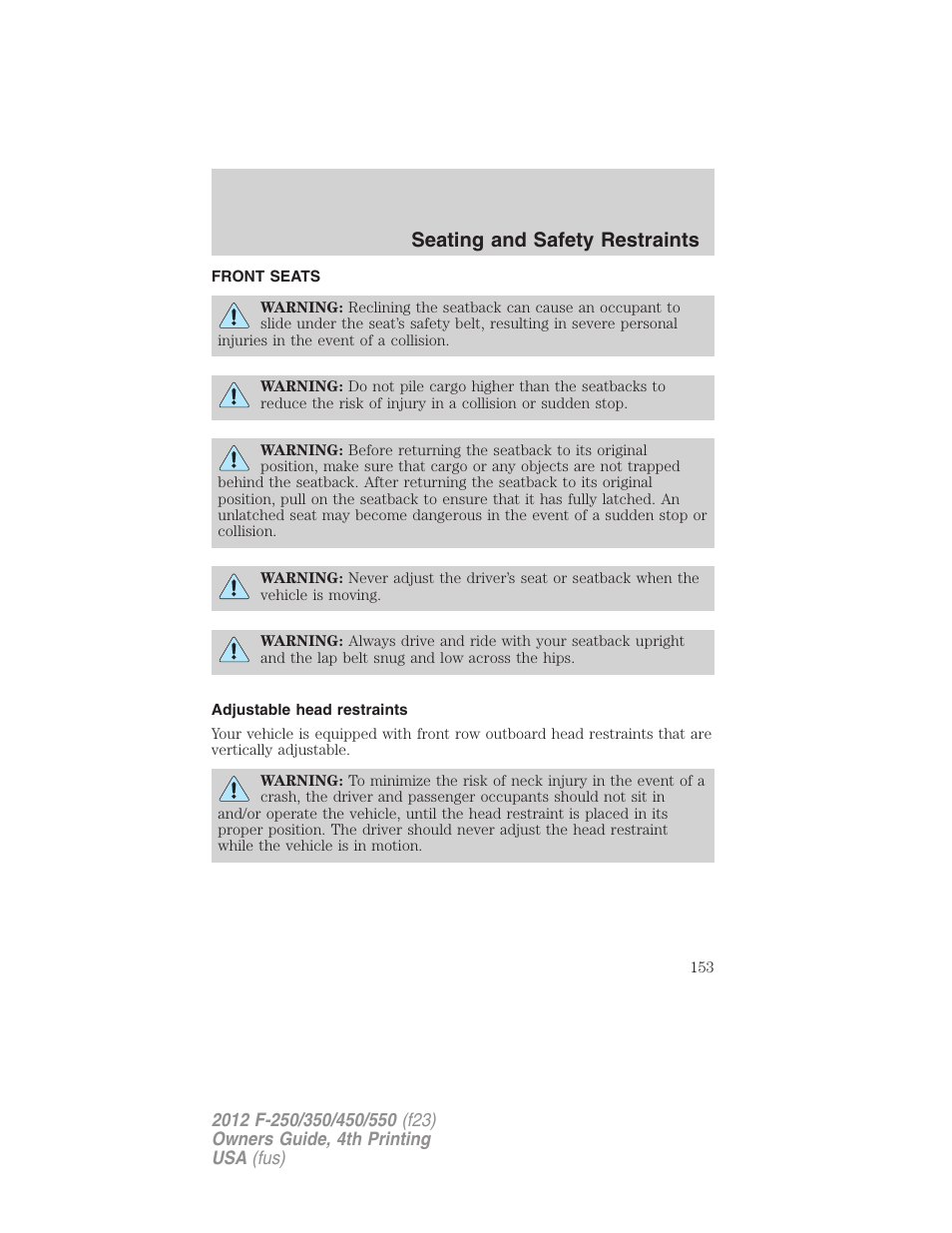Seating and safety restraints, Front seats, Adjustable head restraints | Seating | FORD 2012 F-250 User Manual | Page 153 / 448