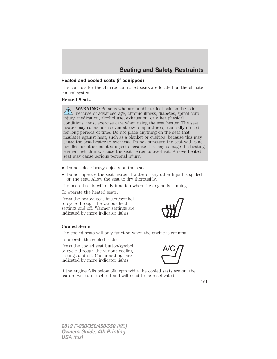 Heated and cooled seats (if equipped), Seating and safety restraints | FORD 2012 F-250 User Manual | Page 161 / 448