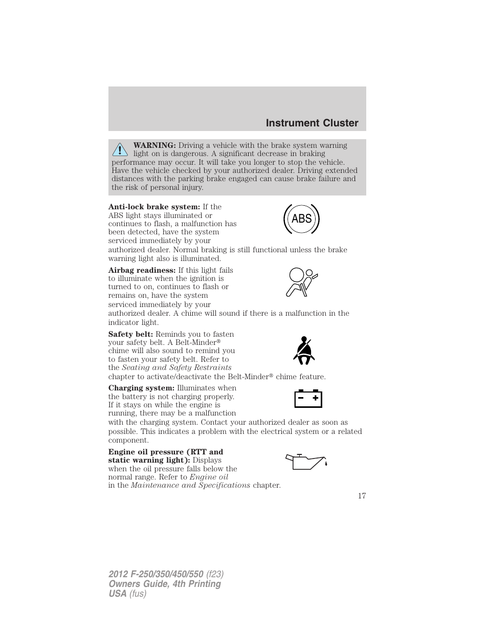 Instrument cluster | FORD 2012 F-250 User Manual | Page 17 / 448