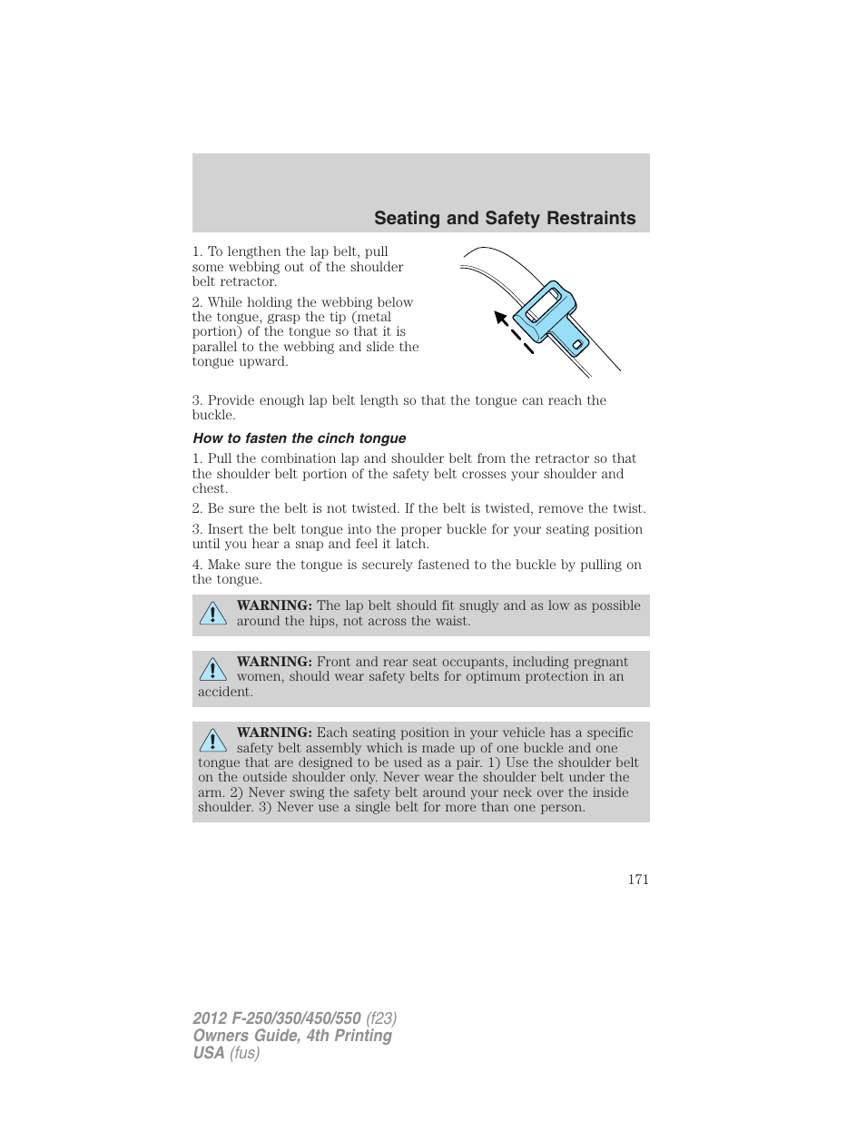 How to fasten the cinch tongue, Seating and safety restraints | FORD 2012 F-250 User Manual | Page 171 / 448