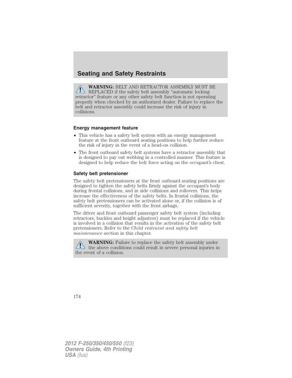 Energy management feature, Safety belt pretensioner, Seating and safety restraints | FORD 2012 F-250 User Manual | Page 174 / 448