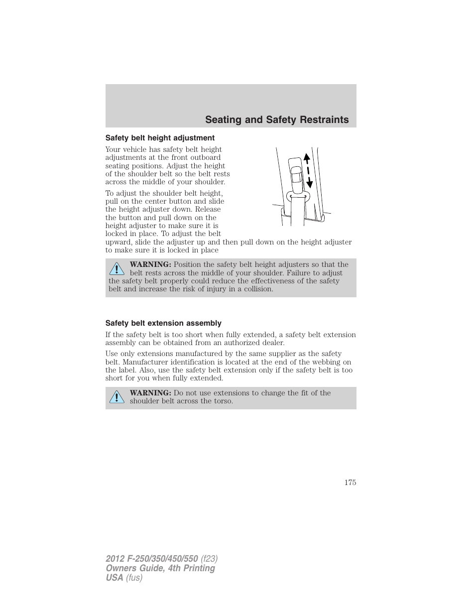 Safety belt height adjustment, Safety belt extension assembly, Seating and safety restraints | FORD 2012 F-250 User Manual | Page 175 / 448