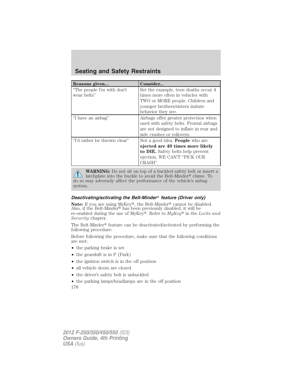 Seating and safety restraints | FORD 2012 F-250 User Manual | Page 178 / 448