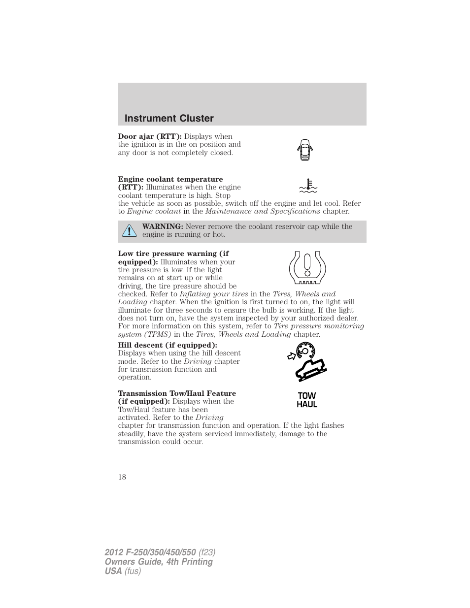 Instrument cluster | FORD 2012 F-250 User Manual | Page 18 / 448