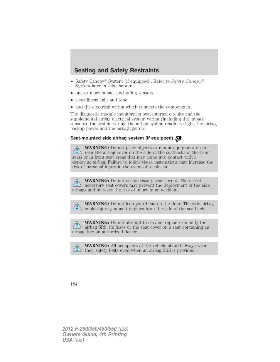 Seat-mounted side airbag system (if equipped), Seating and safety restraints | FORD 2012 F-250 User Manual | Page 184 / 448