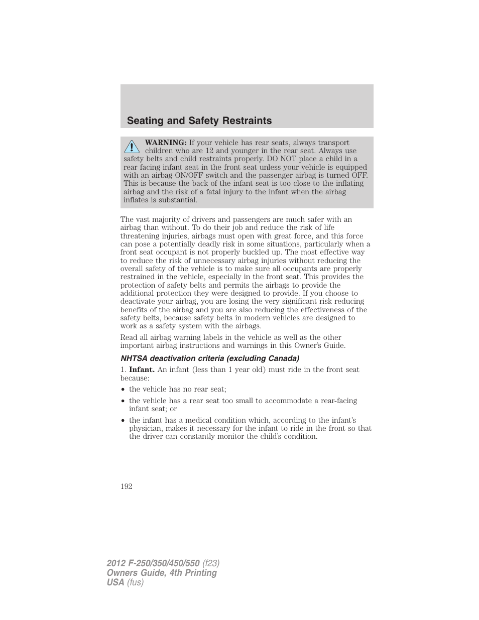 Nhtsa deactivation criteria (excluding canada), Seating and safety restraints | FORD 2012 F-250 User Manual | Page 192 / 448