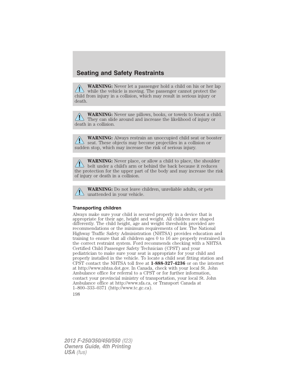 Transporting children, Seating and safety restraints | FORD 2012 F-250 User Manual | Page 198 / 448