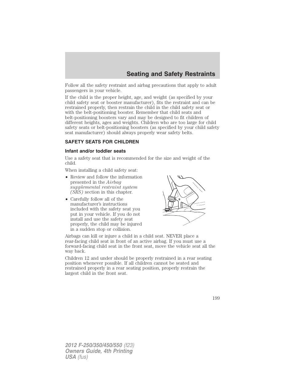 Safety seats for children, Infant and/or toddler seats, Seating and safety restraints | FORD 2012 F-250 User Manual | Page 199 / 448