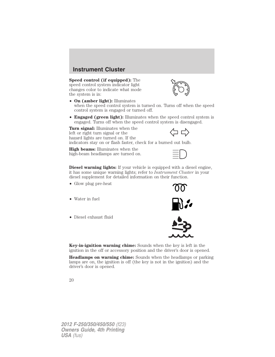Instrument cluster | FORD 2012 F-250 User Manual | Page 20 / 448