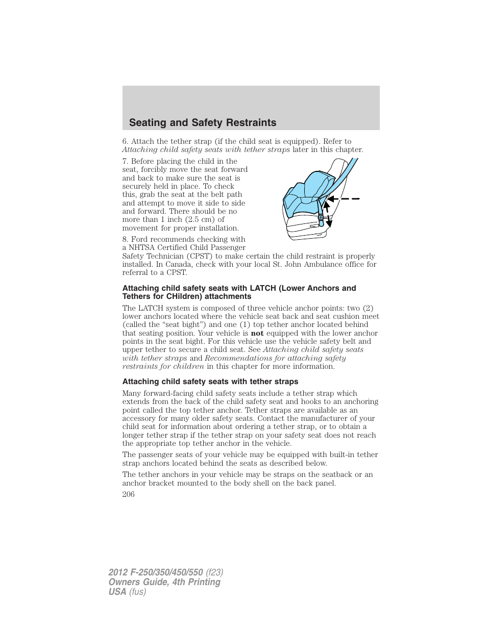 Attaching child safety seats with tether straps, Seating and safety restraints | FORD 2012 F-250 User Manual | Page 206 / 448