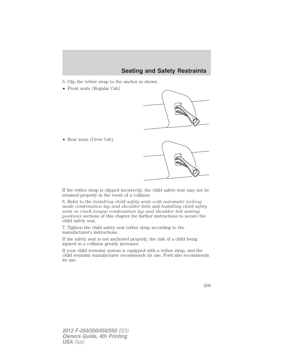 Seating and safety restraints | FORD 2012 F-250 User Manual | Page 209 / 448