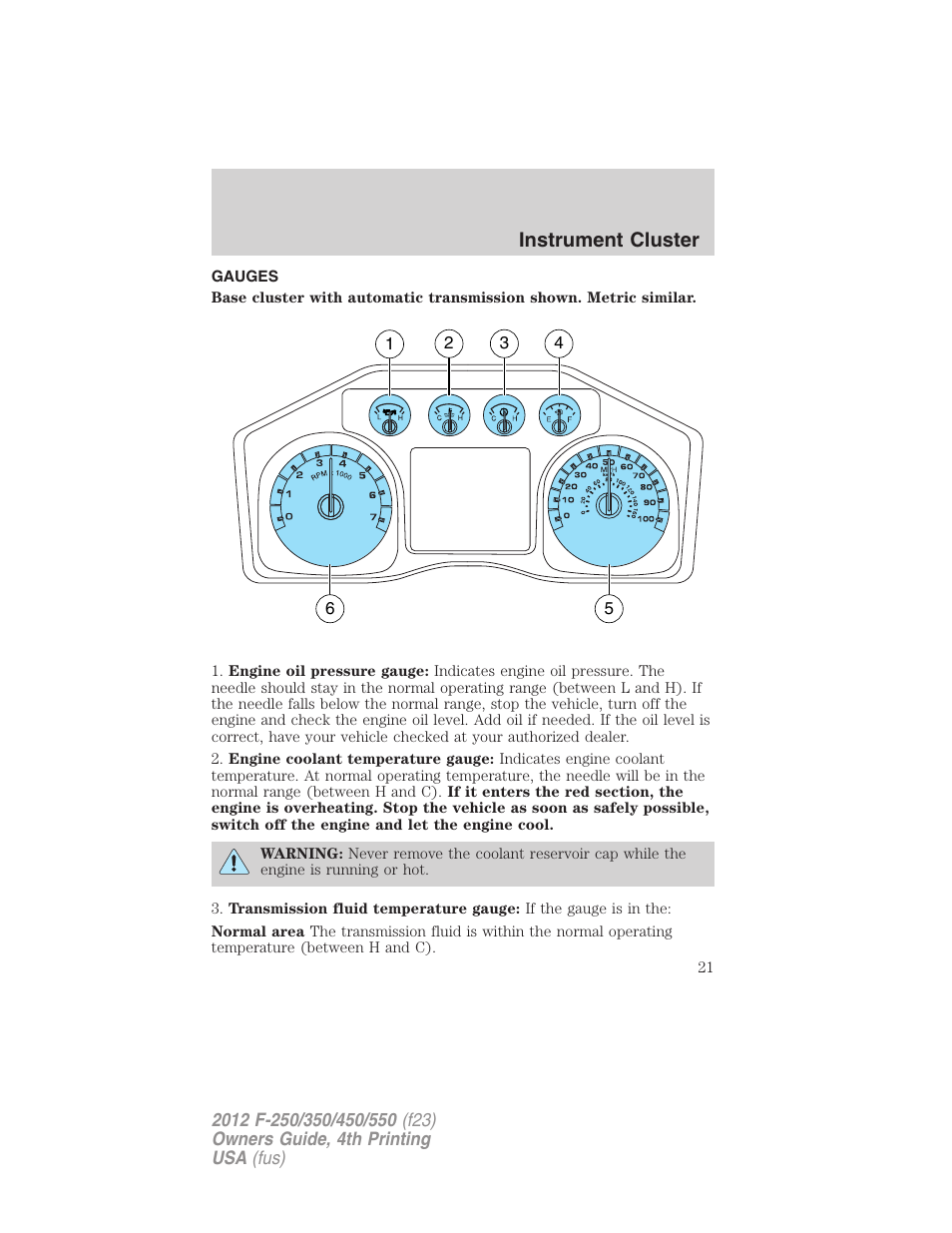 Gauges, Instrument cluster | FORD 2012 F-250 User Manual | Page 21 / 448