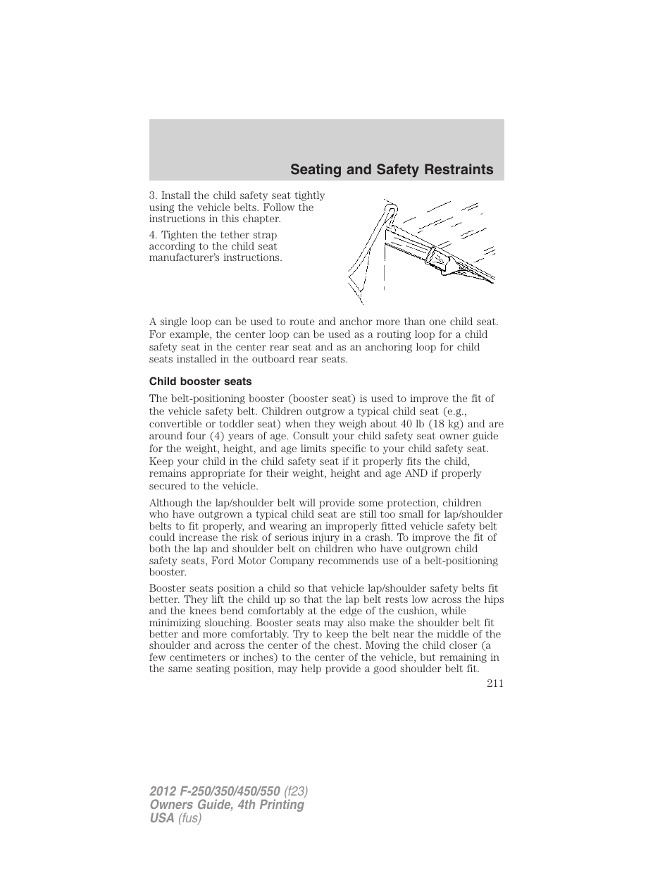 Child booster seats, Seating and safety restraints | FORD 2012 F-250 User Manual | Page 211 / 448