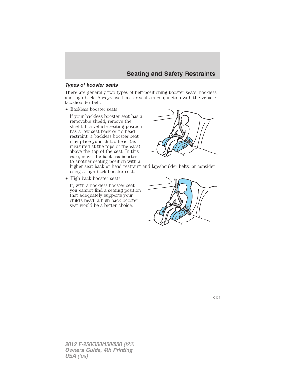 Types of booster seats, Seating and safety restraints | FORD 2012 F-250 User Manual | Page 213 / 448