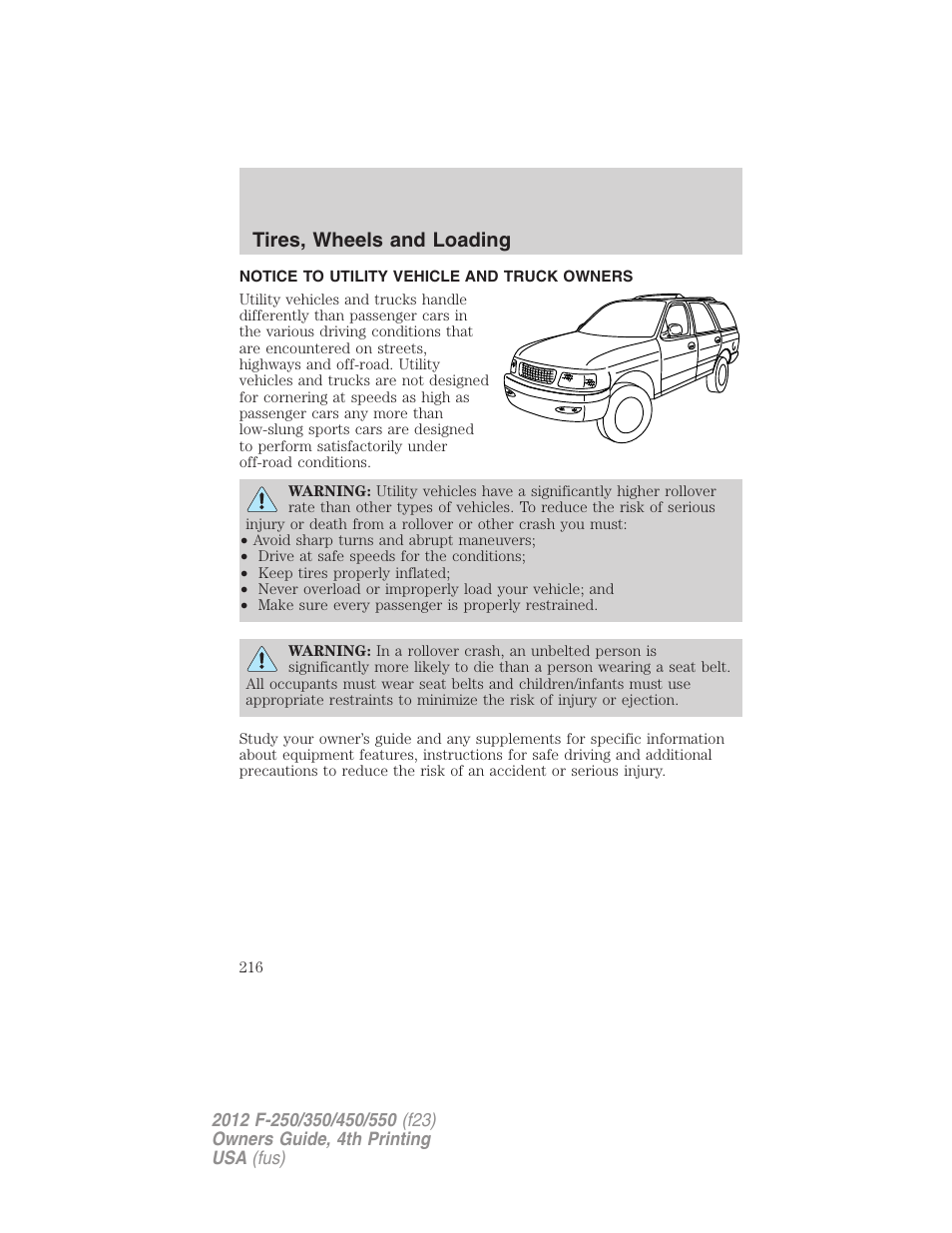 Tires, wheels and loading, Notice to utility vehicle and truck owners | FORD 2012 F-250 User Manual | Page 216 / 448