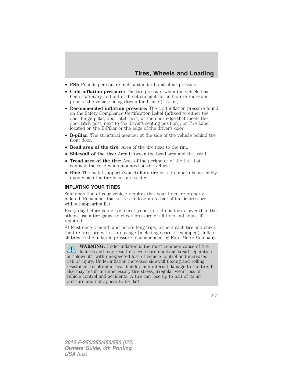 Inflating your tires, Tire inflation, Tires, wheels and loading | FORD 2012 F-250 User Manual | Page 221 / 448