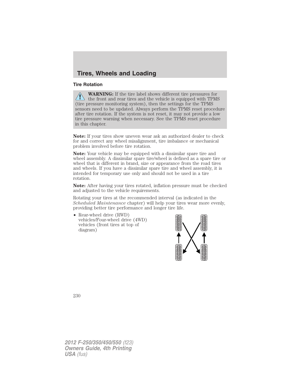 Tire rotation, Tires, wheels and loading | FORD 2012 F-250 User Manual | Page 230 / 448