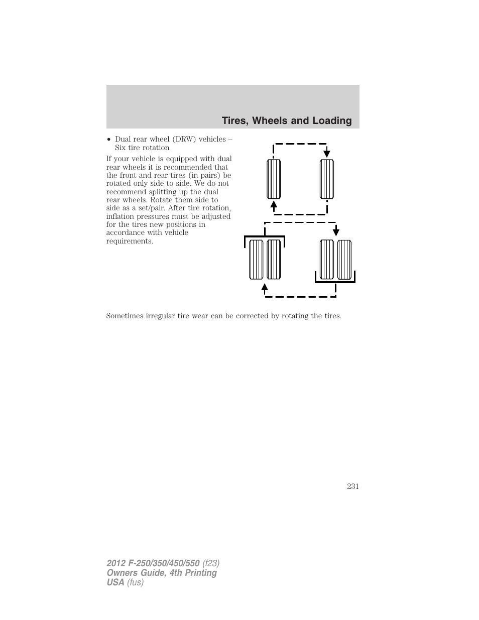 Tires, wheels and loading | FORD 2012 F-250 User Manual | Page 231 / 448