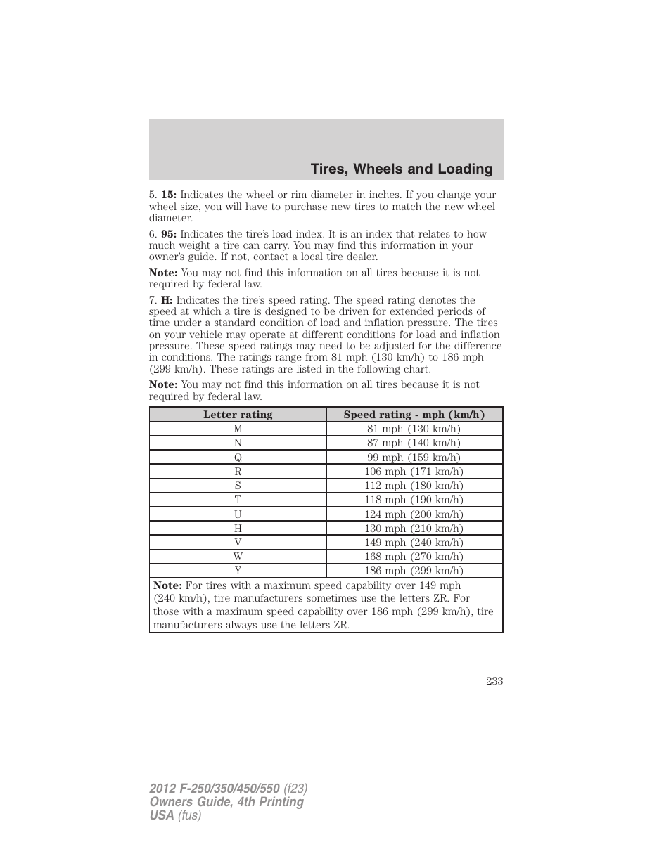 Tires, wheels and loading | FORD 2012 F-250 User Manual | Page 233 / 448