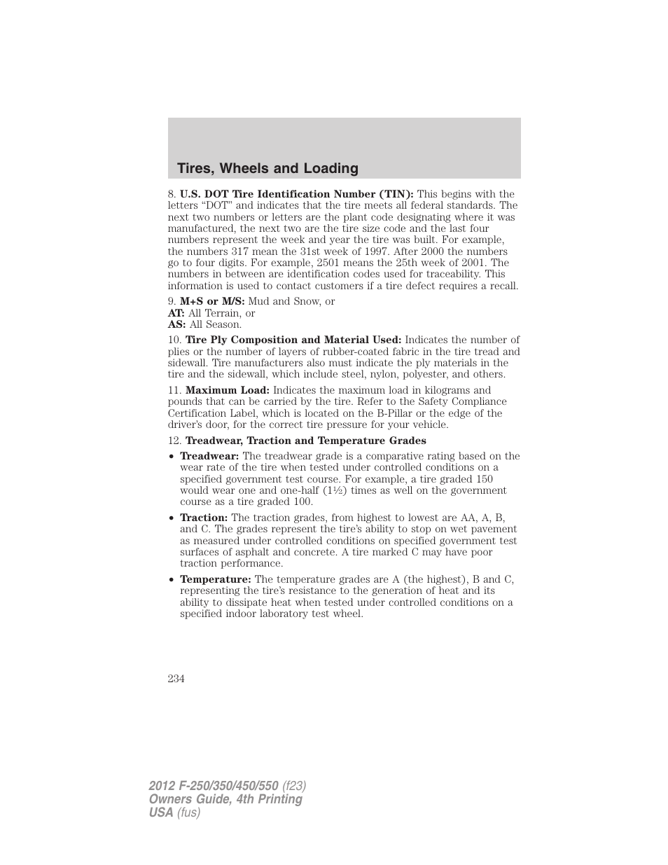 Tires, wheels and loading | FORD 2012 F-250 User Manual | Page 234 / 448