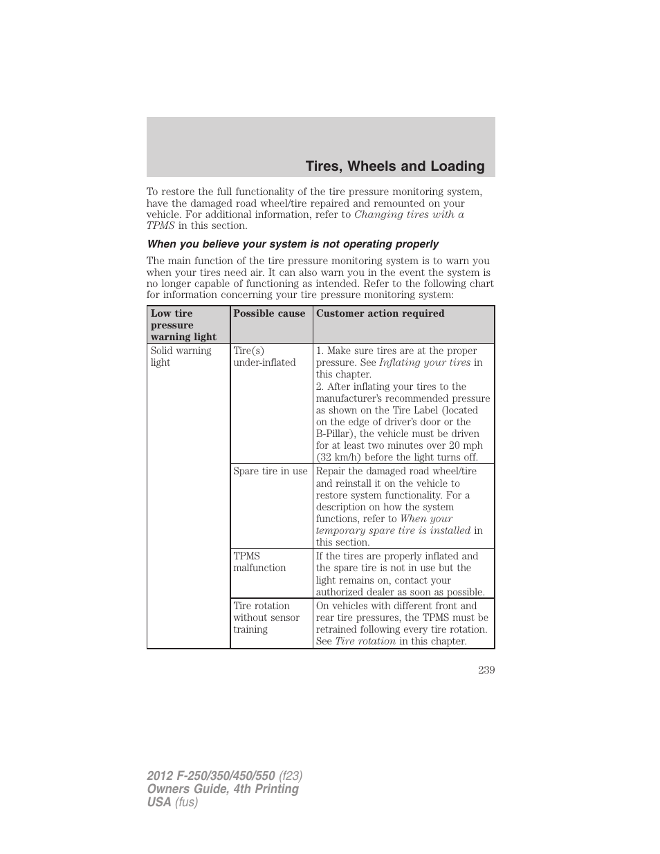 Tires, wheels and loading | FORD 2012 F-250 User Manual | Page 239 / 448