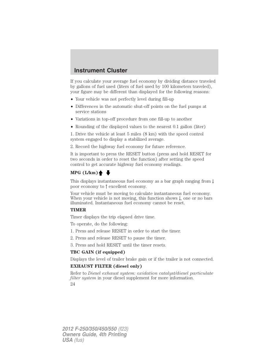 Instrument cluster | FORD 2012 F-250 User Manual | Page 24 / 448