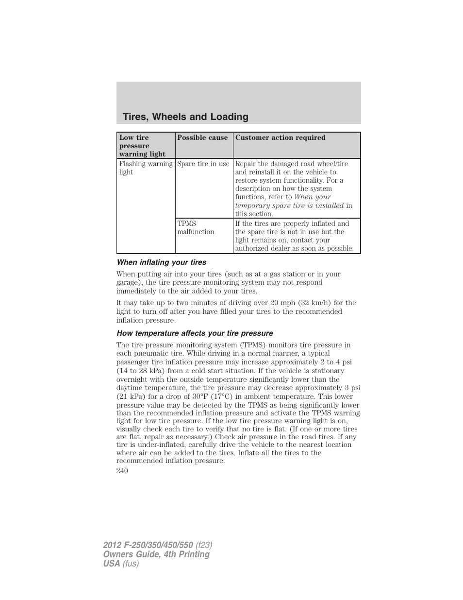 When inflating your tires, How temperature affects your tire pressure, Tires, wheels and loading | FORD 2012 F-250 User Manual | Page 240 / 448