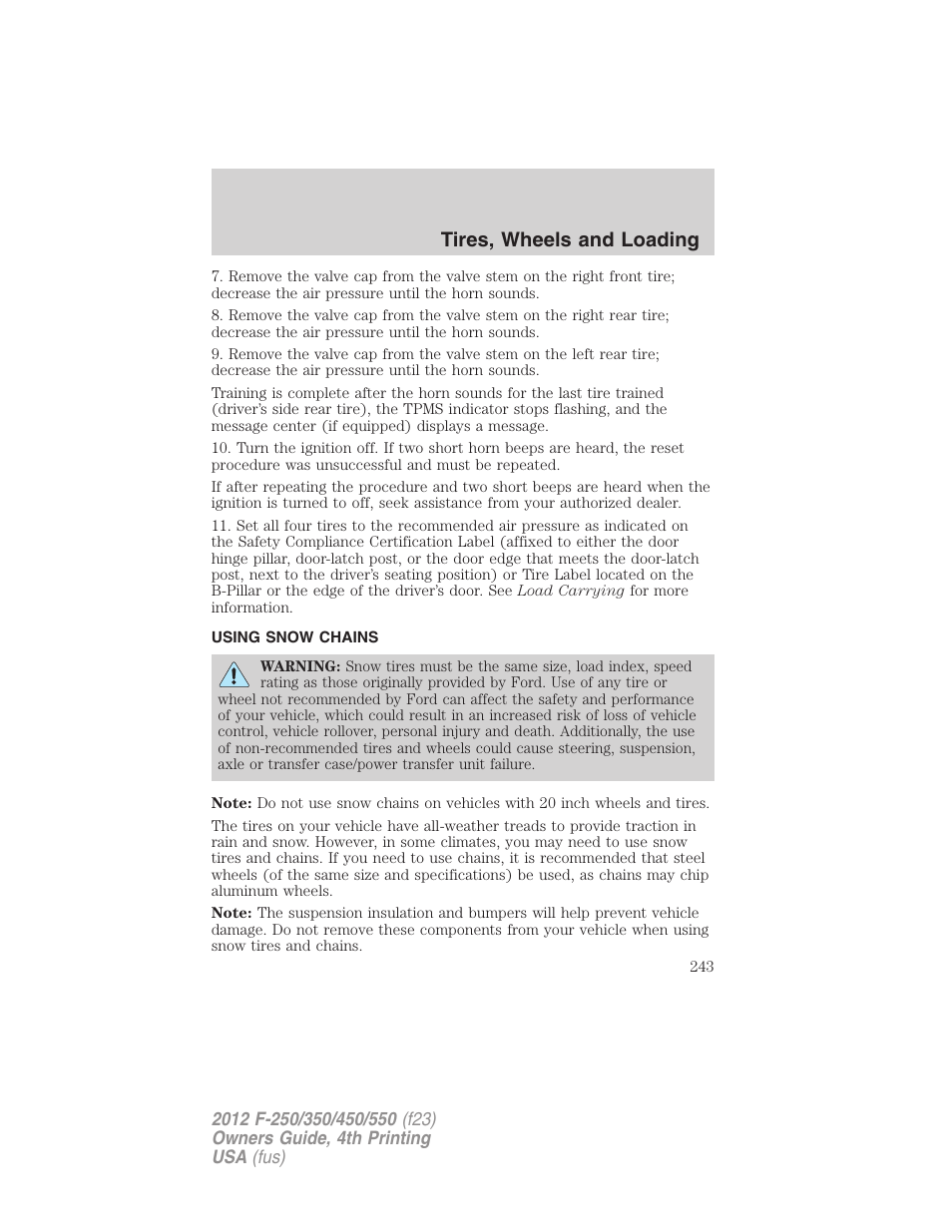 Using snow chains, Tires, wheels and loading | FORD 2012 F-250 User Manual | Page 243 / 448