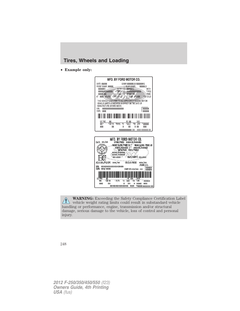 Tires, wheels and loading | FORD 2012 F-250 User Manual | Page 248 / 448