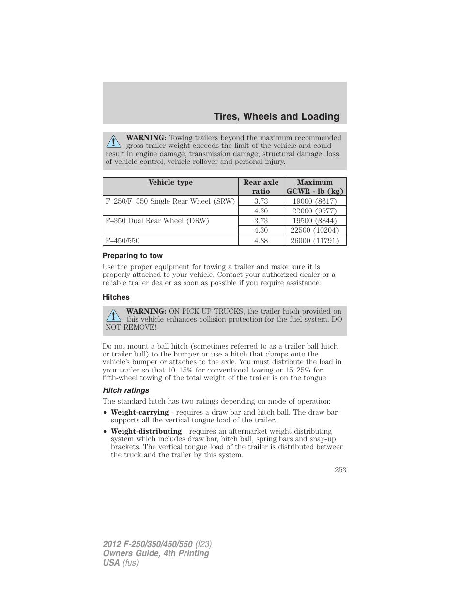 Preparing to tow, Hitches, Hitch ratings | Tires, wheels and loading | FORD 2012 F-250 User Manual | Page 253 / 448